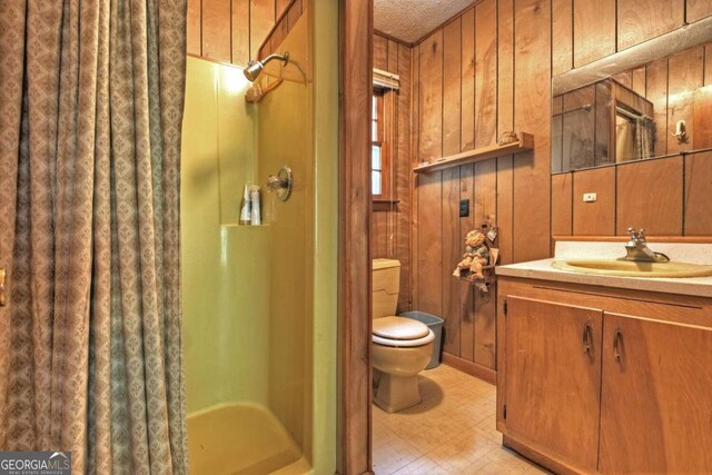 bathroom featuring vanity, wooden walls, toilet, and curtained shower