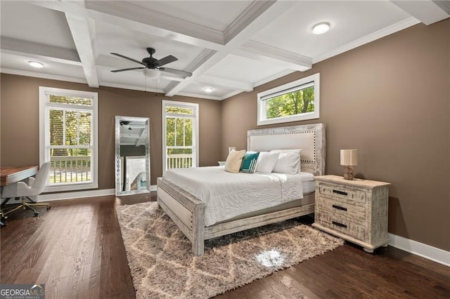 bedroom with beamed ceiling, ceiling fan, dark wood-type flooring, coffered ceiling, and ornamental molding