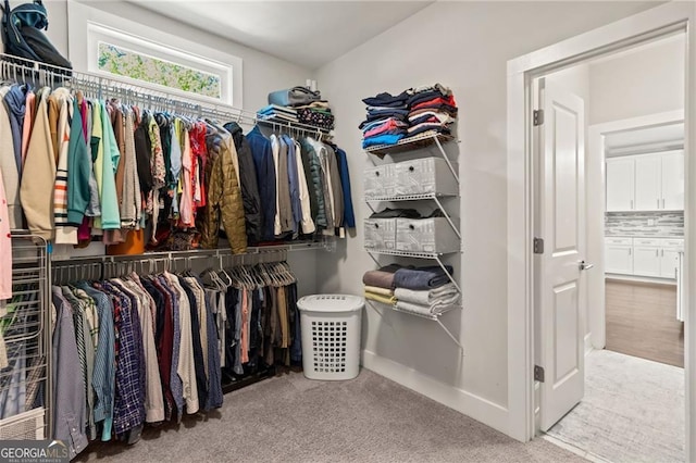 walk in closet featuring light colored carpet