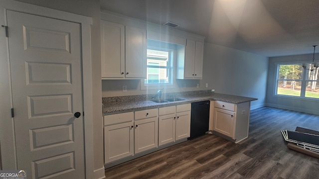 kitchen with white cabinetry, sink, dark wood-type flooring, black dishwasher, and kitchen peninsula