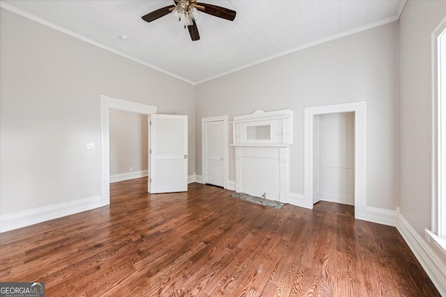 interior space with high vaulted ceiling, ceiling fan, crown molding, and dark hardwood / wood-style flooring