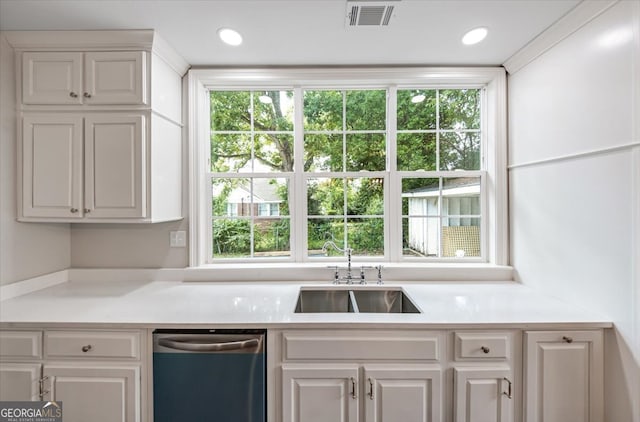 kitchen featuring white cabinets, dishwasher, and sink