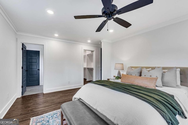 bedroom with baseboards, recessed lighting, and ornamental molding