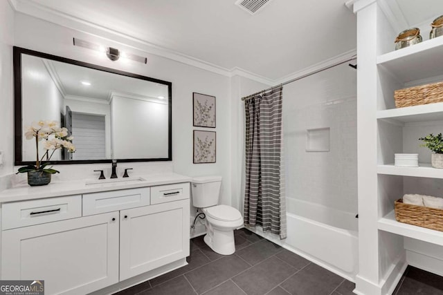 full bath with toilet, crown molding, tile patterned flooring, and visible vents