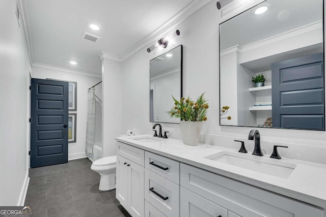 full bathroom with walk in shower, visible vents, a sink, and crown molding