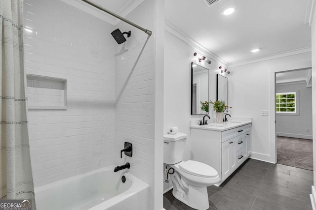 bathroom featuring crown molding, a sink, double vanity, baseboards, and shower / bath combo with shower curtain