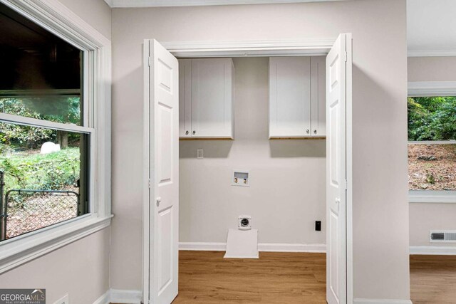 washroom with washer hookup, electric dryer hookup, and light hardwood / wood-style flooring