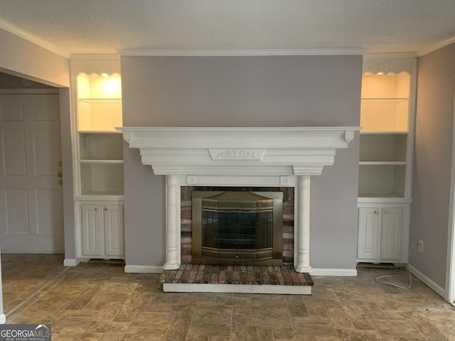 room details with crown molding, built in features, and a textured ceiling