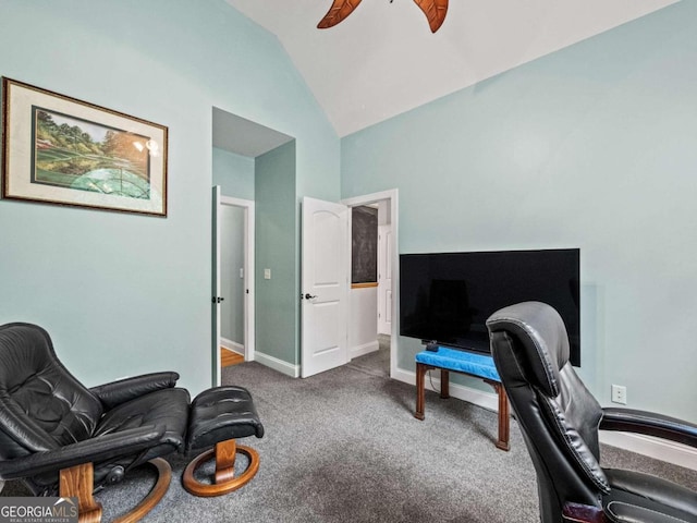 carpeted home office with ceiling fan and lofted ceiling