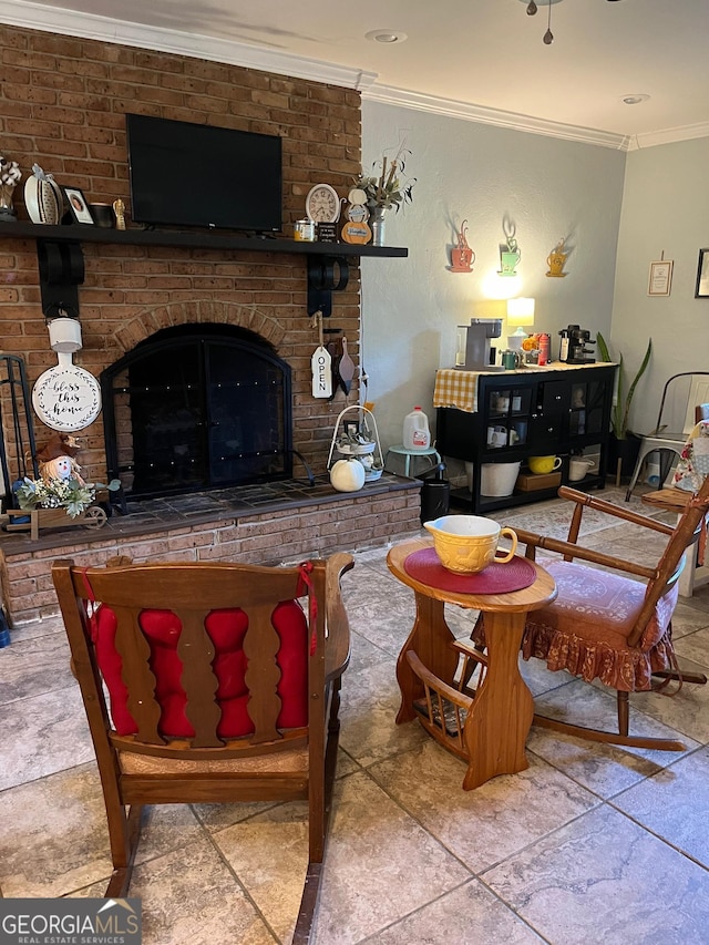 tiled living room featuring a fireplace and crown molding