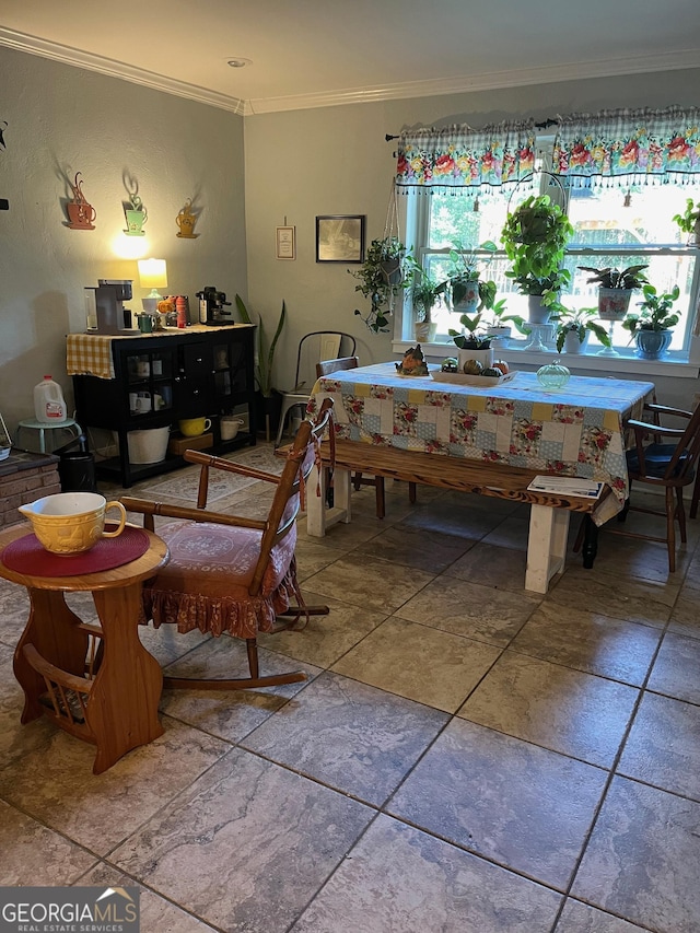 dining area featuring ornamental molding and a wealth of natural light