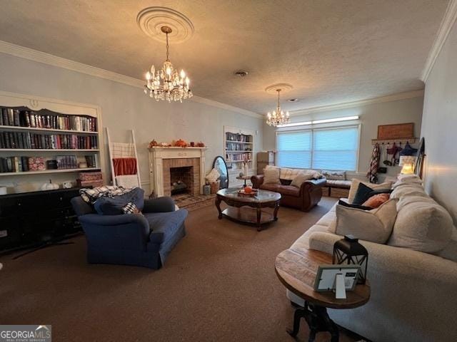 carpeted living room with a textured ceiling, a notable chandelier, crown molding, and a brick fireplace