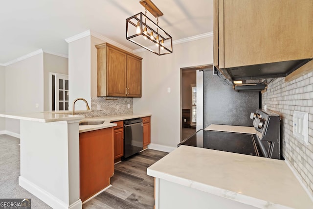 kitchen with stainless steel electric range oven, decorative light fixtures, sink, dishwasher, and kitchen peninsula