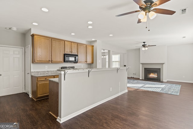 kitchen with ceiling fan, light stone countertops, dark wood-type flooring, and a kitchen bar