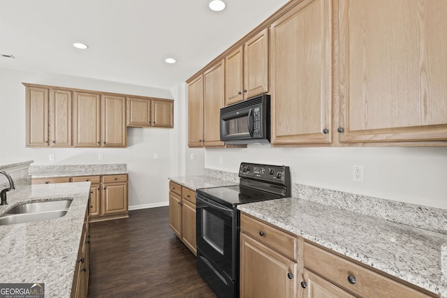 kitchen with dark hardwood / wood-style floors, black appliances, sink, and light stone counters