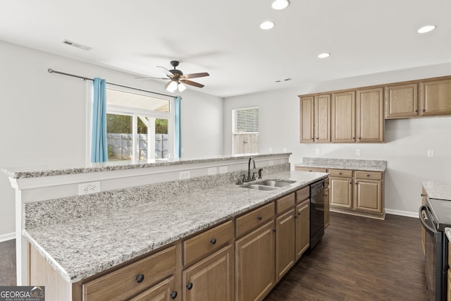 23 Brookview Dr, Newnan, GA 30265 - kitchen with visible vents, ceiling fan, recessed lighting, a sink, and black appliances