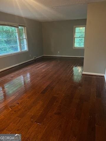 unfurnished room with dark wood-type flooring