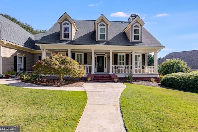 cape cod-style house with a front yard and a porch