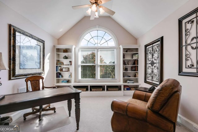 office featuring carpet floors, vaulted ceiling, and ceiling fan