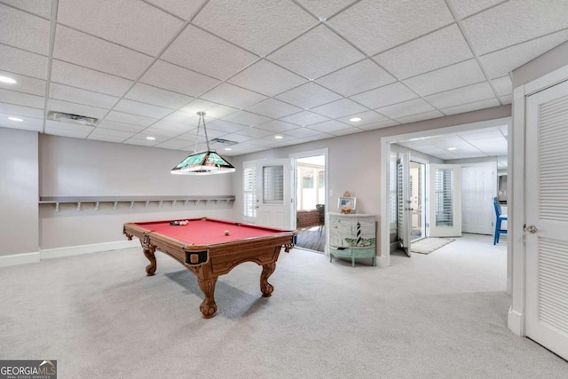 playroom with carpet, billiards, and a paneled ceiling