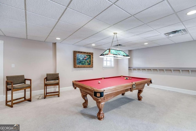 playroom featuring billiards, a drop ceiling, and carpet