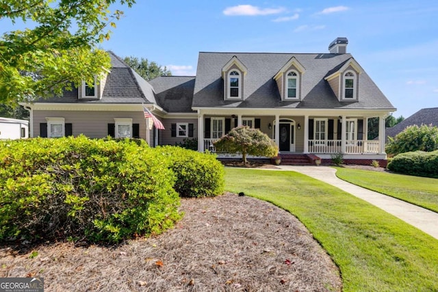 cape cod house featuring a front yard and a porch