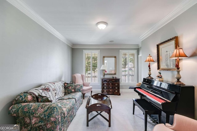 sitting room featuring crown molding and light colored carpet