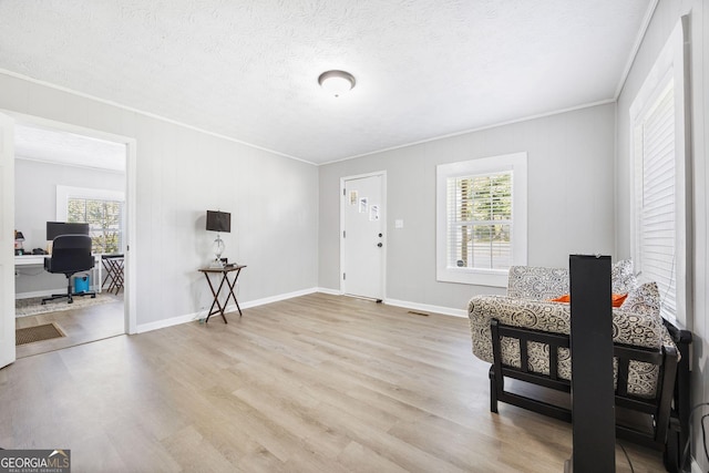 living area with crown molding, a textured ceiling, and light wood-type flooring