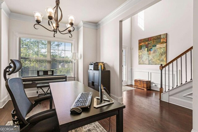 office featuring a notable chandelier, crown molding, and dark hardwood / wood-style flooring