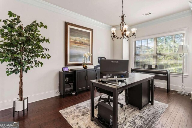 office with ornamental molding, a chandelier, and dark hardwood / wood-style floors