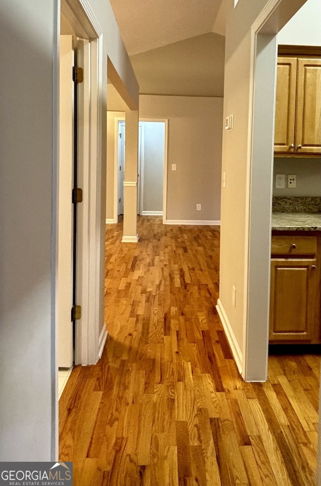 hall featuring wood-type flooring and vaulted ceiling