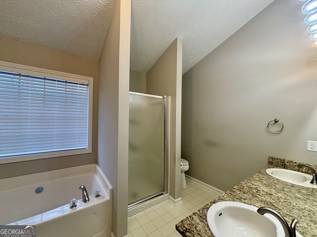 full bathroom featuring lofted ceiling, a textured ceiling, independent shower and bath, and toilet