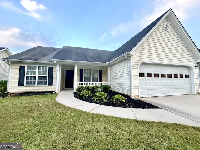 single story home with a front lawn, covered porch, and a garage