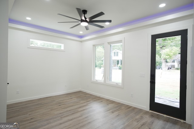 entrance foyer with hardwood / wood-style flooring, a raised ceiling, ceiling fan, and plenty of natural light