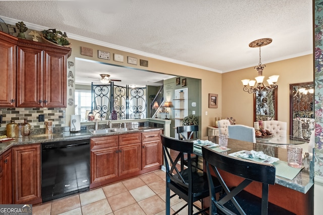 kitchen with sink, a textured ceiling, black dishwasher, crown molding, and decorative backsplash