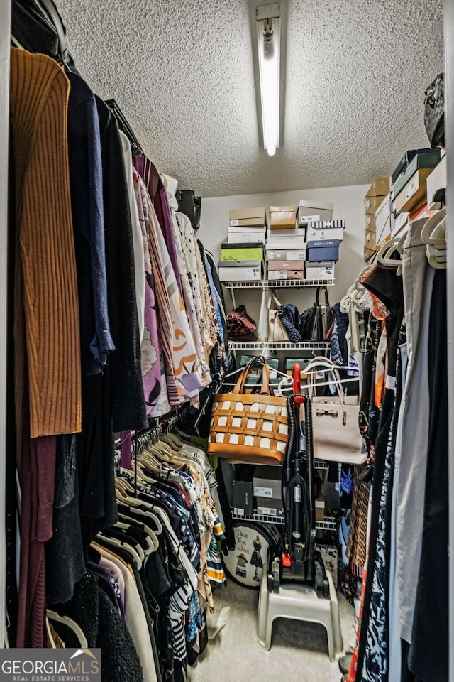 walk in closet with carpet flooring