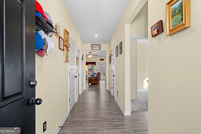 hallway featuring dark wood-type flooring