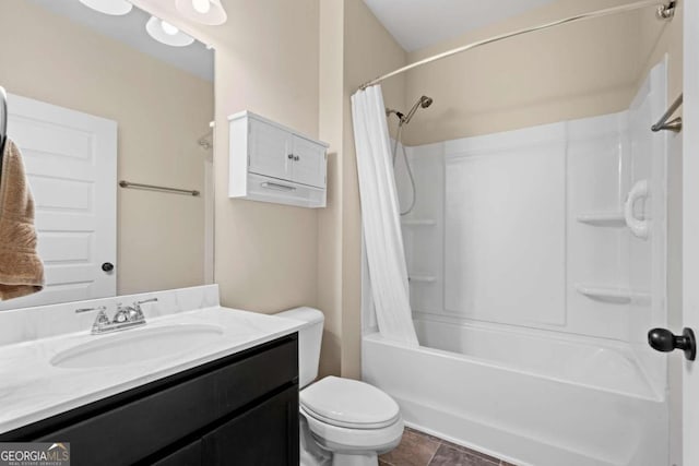 full bathroom with vanity, toilet, and shower / bathtub combination with curtain