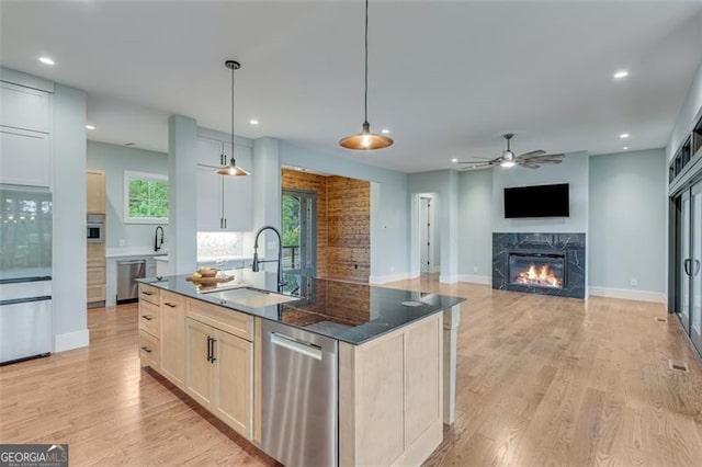 kitchen featuring light hardwood / wood-style flooring, a premium fireplace, sink, pendant lighting, and dishwasher