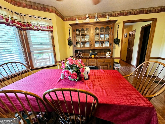 dining space with a textured ceiling and hardwood / wood-style floors