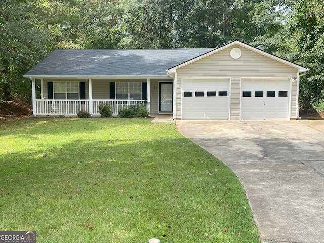 ranch-style house with a porch, a garage, and a front yard