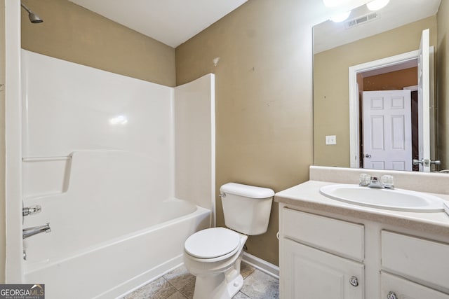 full bathroom with tub / shower combination, tile patterned flooring, vanity, and toilet