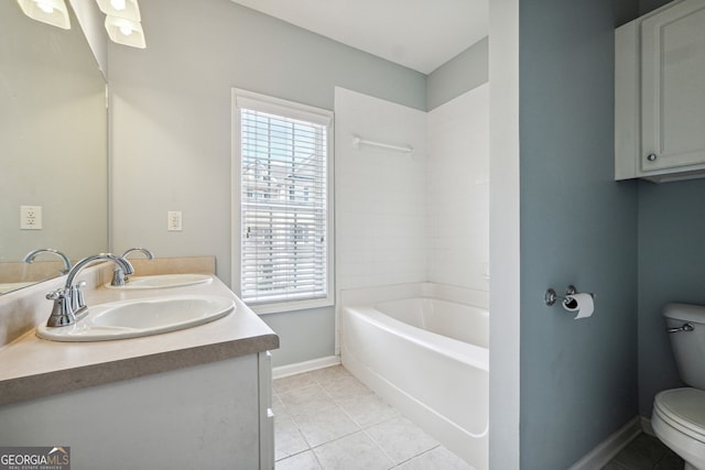 full bathroom featuring tile patterned flooring, bathing tub / shower combination, vanity, and toilet