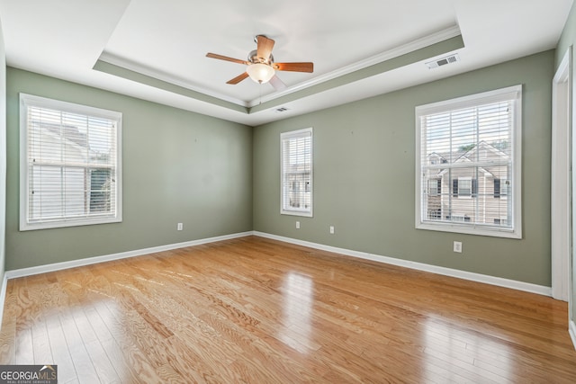 empty room featuring light hardwood / wood-style floors, a tray ceiling, and a wealth of natural light