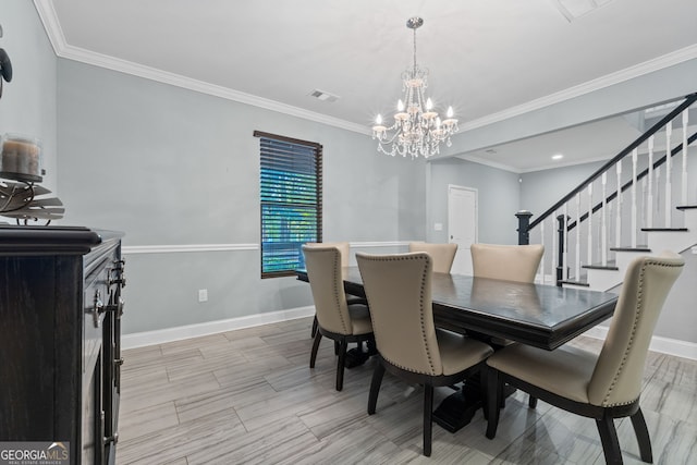 dining area with crown molding, visible vents, stairs, baseboards, and a notable chandelier