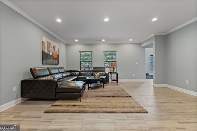 living room with light hardwood / wood-style flooring and ornamental molding