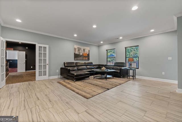 living room with crown molding, french doors, baseboards, and recessed lighting