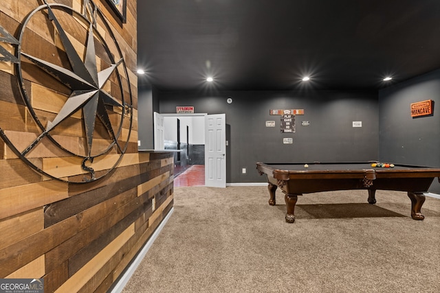 rec room featuring billiards, recessed lighting, and carpet flooring