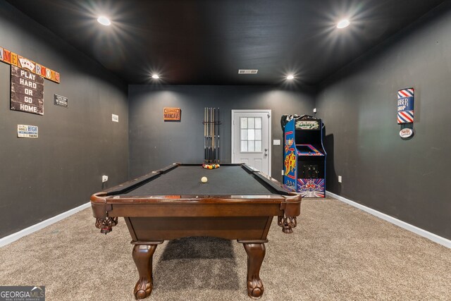 playroom with carpet floors and pool table