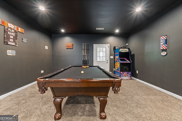playroom featuring recessed lighting, billiards, and carpet floors